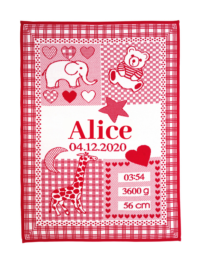babyfilt med Namn, födelsedatum, vikt och längd 