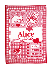 babyfilt med Namn, födelsedatum, vikt och längd 