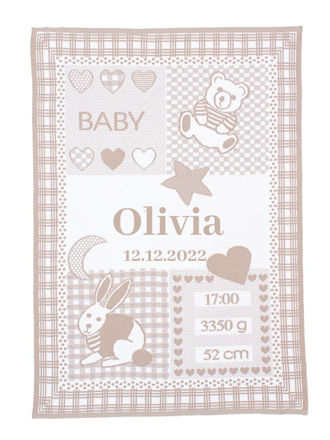 Mjukt babyfilt med namn – perfekt för nyfödda, dopgåva eller babyshower. Anpassa med barnets namn, födelsedatum, vikt och längd. Högkvalitativ och allergivänlig filt tillverkad av 100% ekologisk bomull.