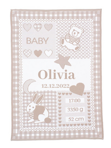 Mjukt babyfilt med namn – perfekt för nyfödda, dopgåva eller babyshower. Anpassa med barnets namn, födelsedatum, vikt och längd. Högkvalitativ och allergivänlig filt tillverkad av 100% ekologisk bomull.